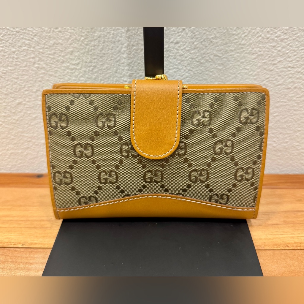 Gucci Vintage Gold Kisslock Monogram Canvas And Tan Leather Wallet